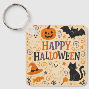 Vintage, cute whimsical Happy Halloween Key Ring