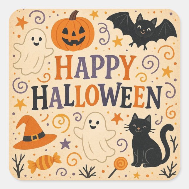 Vintage, cute whimsical Happy Halloween Square Sticker (Front)