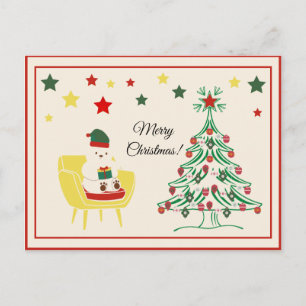 Vintage Cute White Teddy Bear Merry Christmas Holiday Postcard