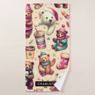 Vintage Cute Winter Teddy Bear Pattern Bath Towel