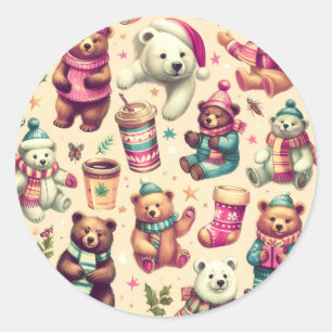 Vintage Cute Winter Teddy Bear Pattern Classic Round Sticker