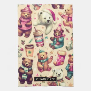 Vintage Cute Winter Teddy Bear Pattern Tea Towel