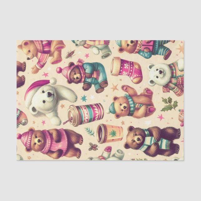 Vintage Cute Winter Teddy Bear Pattern Tissue Paper (Front)