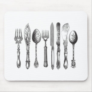 Vintage Cutlery Black White Fork Spoon Knife 1800s Mouse Pad