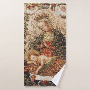Vintage Cuzco School Virgin Adoring Christ Child Bath Towel Set