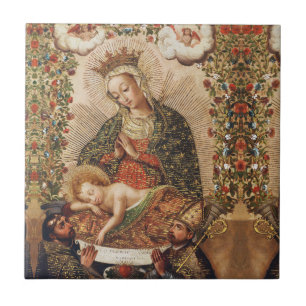 Vintage Cuzco School Virgin Adoring Christ Child Ceramic Tile