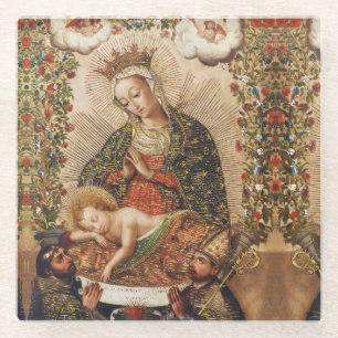 Vintage Cuzco School Virgin Adoring Christ Child Glass Coaster