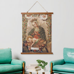 Vintage Cuzco School Virgin Adoring Christ Child Hanging Tapestry