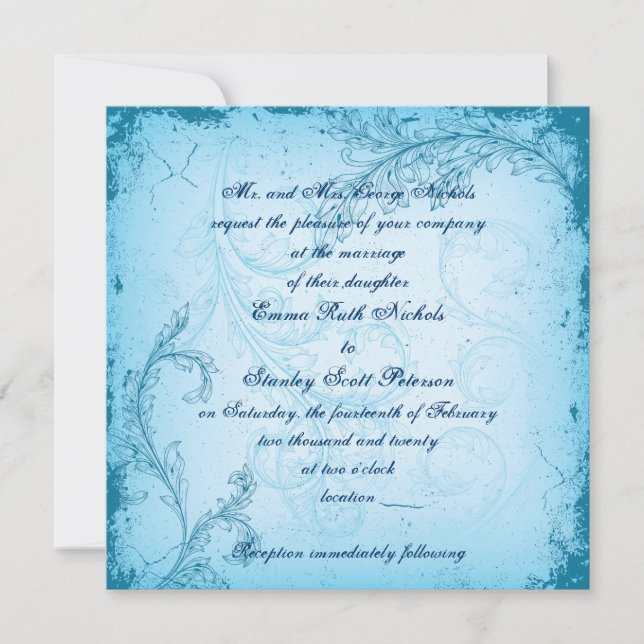 Vintage cyan blue scroll leaf invitation (Front)