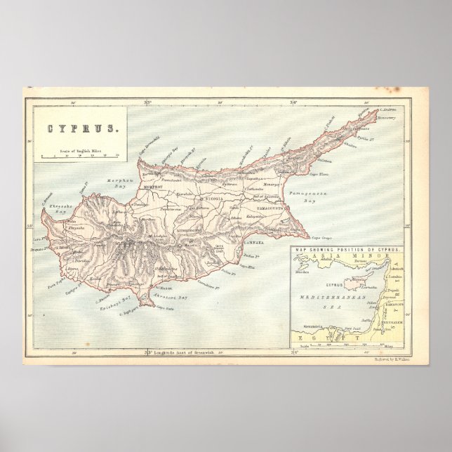 Vintage Cyprus Map 1890's Print (Front)