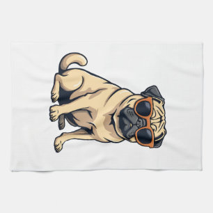Vintage Dabbing Pug with Sunglasses Funny Dog Vect Tea Towel