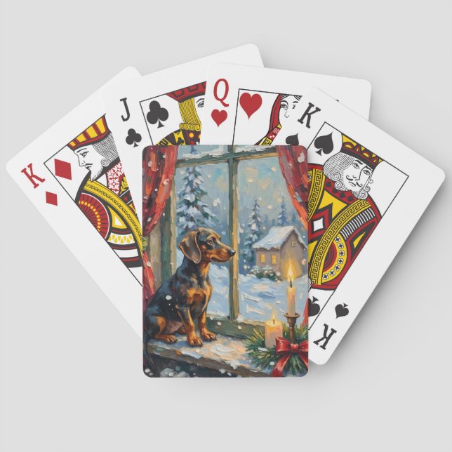 Vintage Dachshund by Cozy Christmas Window Playing Cards (Back)