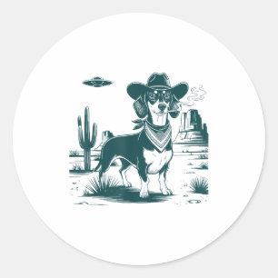 Vintage Dachshund Cowboys Ufo Western Funny Dog T- Classic Round Sticker