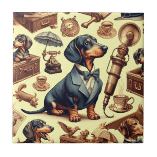 Vintage Dachshund Illustration Ceramic Tile