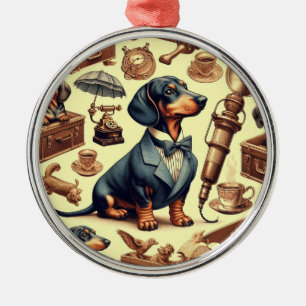 Vintage Dachshund Illustration Metal Ornament