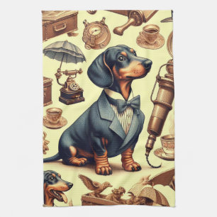 Vintage Dachshund Illustration Tea Towel