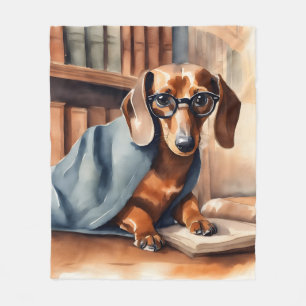 Vintage Dachshund in the Old Library Fleece Blanket