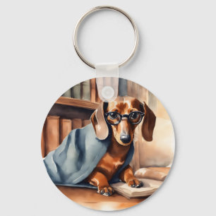 Vintage Dachshund in the Old Library Key Ring
