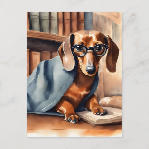 Vintage Dachshund in the Old Library Postcard