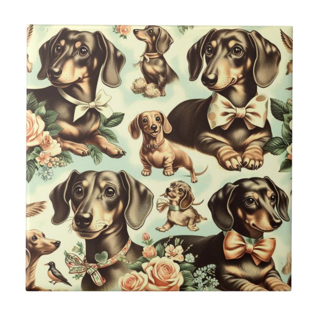Vintage Dachshund Seamless Painting Ceramic Tile (Front)