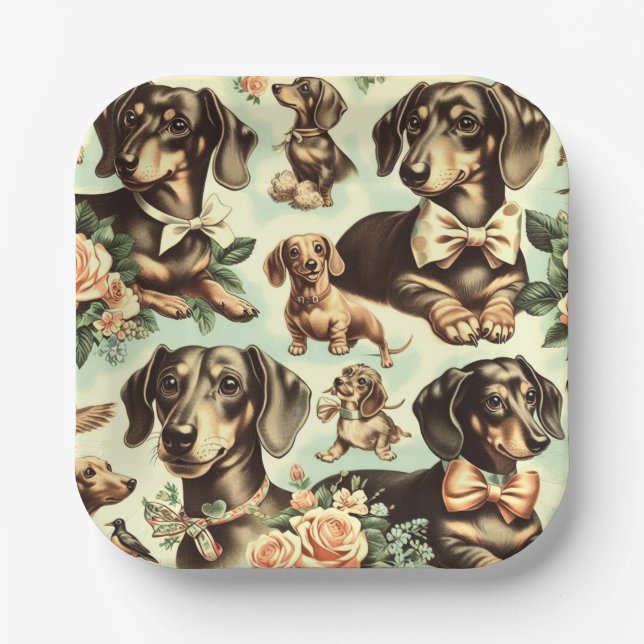 Vintage Dachshund Seamless Painting Paper Plate (Front)