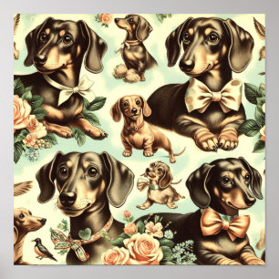 Vintage Dachshund Seamless Painting Poster