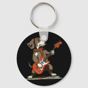 Vintage Dachshund Weenie Playing Guitar Funny Dog Key Ring