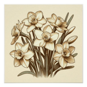 Vintage Daffodil Bouquet, Botanical Line Art Poster