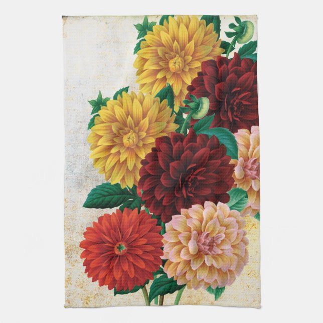 Vintage Dahlias Tea Towel (Vertical)