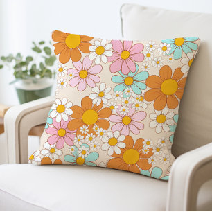 Vintage Daisy Floral Pillow, Retro Flower Cushion