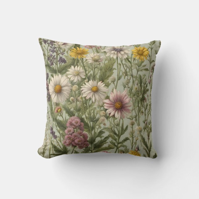 Vintage Daisy Flowers and Wildflowers Cushion (Front)
