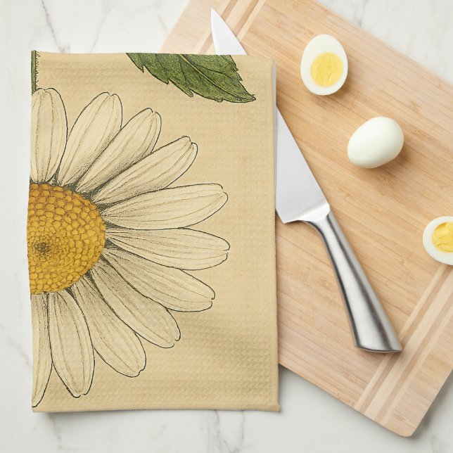 Vintage Daisy on Weathered Paper Tea Towel (Quarter Fold)
