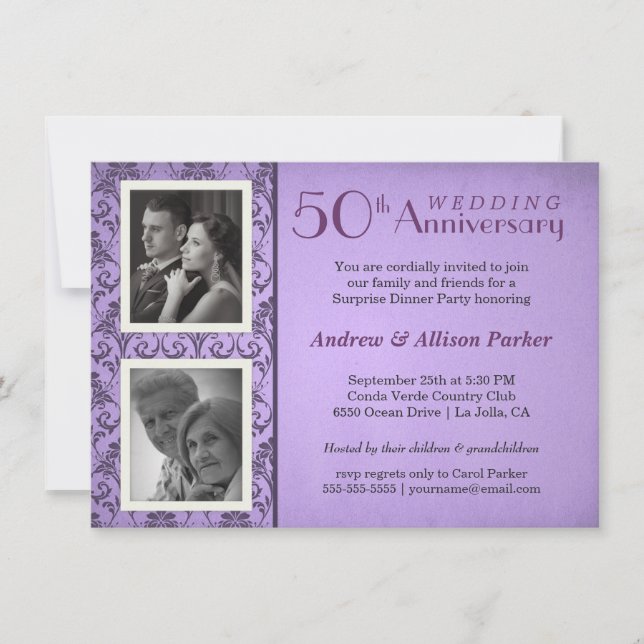 Vintage Damask Anniversary Two Photos Invitation (Front)