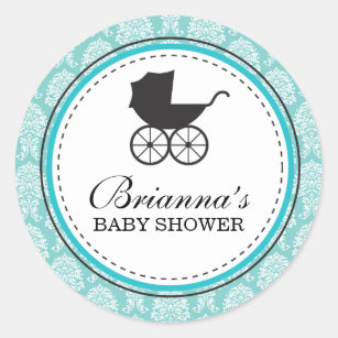 Vintage Damask Baby Carriage Baby Shower Classic Round Sticker