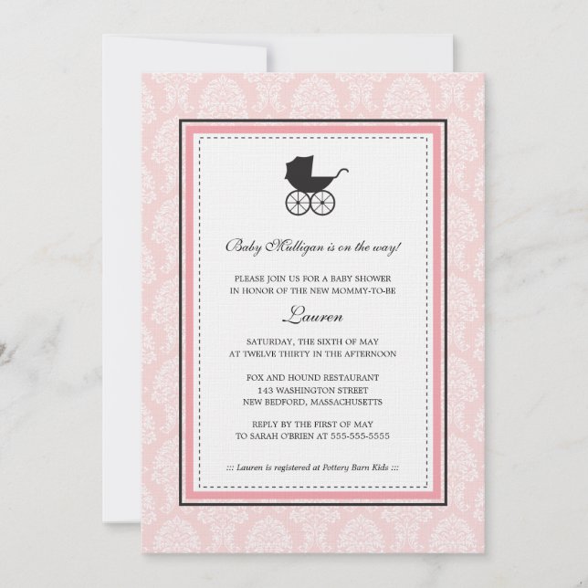 Vintage Damask Baby Carriage Baby Shower Invitation (Front)