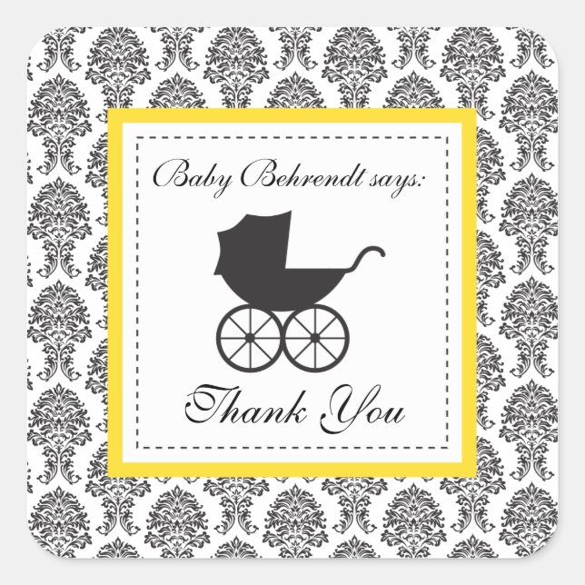 Vintage Damask Baby Carriage Baby Shower Square Sticker (Front)