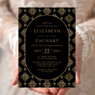 Vintage Damask Black Gold Oval Frame Wedding Invitation