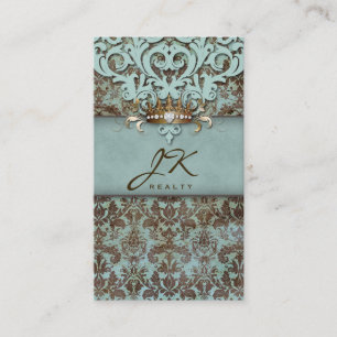 Vintage Damask Blue Elegant Crown Business Card