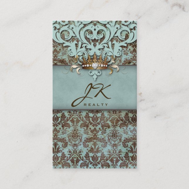 Vintage Damask Blue Elegant Crown Business Card (Front)