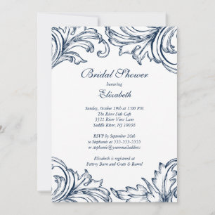 Vintage Damask Bridal Shower Invitation Blue