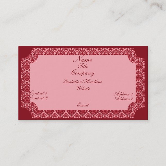 Vintage Damask Business Card, Pink Business Card (Front)
