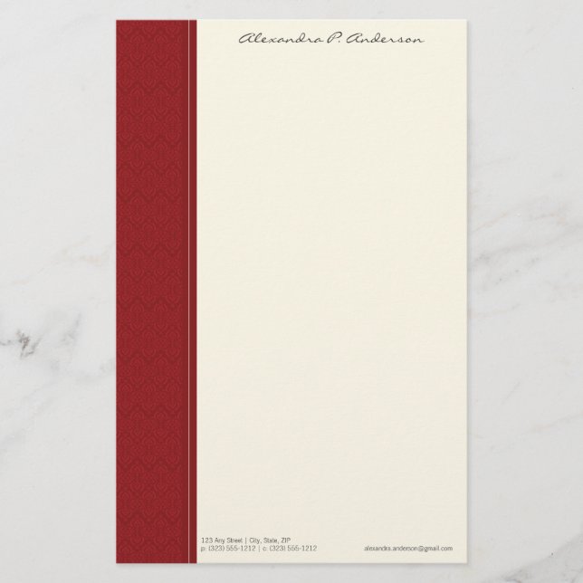Vintage Damask Customised Red Designer Stationery (Front)