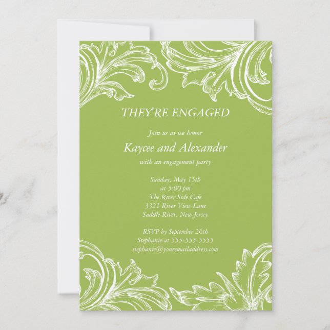 Vintage Damask Engagement Invitations Green (Front)