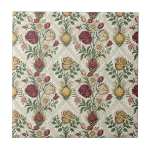 Vintage Damask & English Rose Floral Pattern Art Ceramic Tile