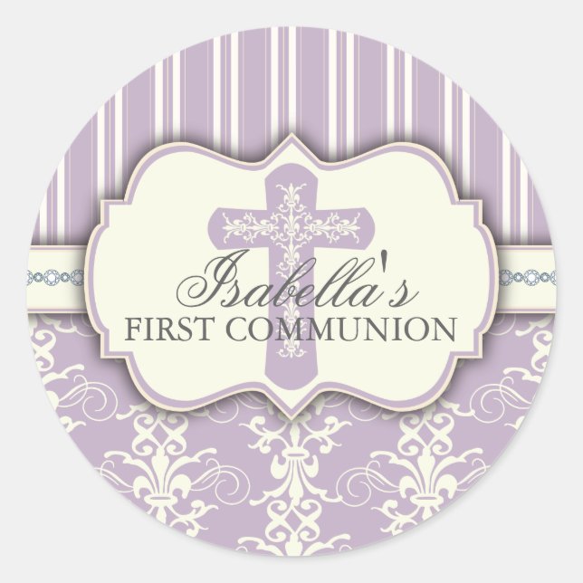 Vintage Damask First Communion Sticker | Purple (Front)