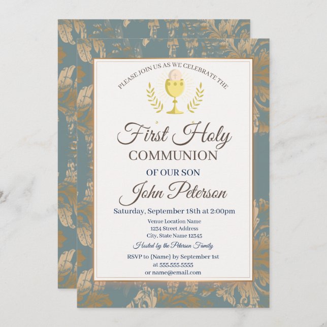 Vintage Damask First Holy Communion  Invitation (Front/Back)
