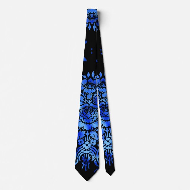Vintage Damask Floral Blue Black Tie (Front)