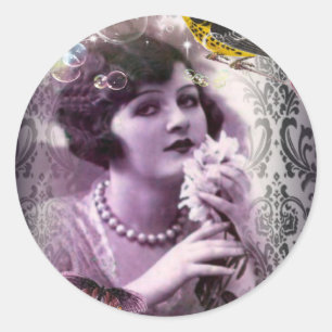 vintage damask gatsby girl trendy parisian classic round sticker