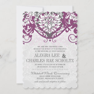 Vintage Damask Grey and Plum Modern Typography Invitation