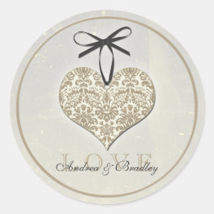 Vintage Damask Heart Grey Personalised Wedding Classic Round Sticker